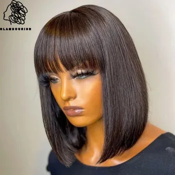 Patlama İle düz peruk kısa postiç Siyah Kadınlar İçin Brezilyalı Bakire Saç Peruk Makine Yapımı Tutkalsız insan saçı Peruk Patlama ile
