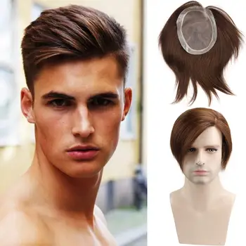 Stokta Erkek Toupee100 % Avrupa işlenmemiş insan saçı peruk Erkekler için İnsan saç parçaları ile Yumuşak İnce Süper İnce Mono Dantel 6x7.5