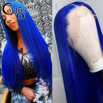 Düz peruk sentetik 13X4 yoğunluk 180 % eski dantel kadın peruk ısıya dayanıklı safir mavi parti kraliçe cosplay günlük