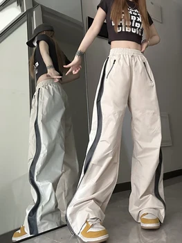 Harajuku Kadın Sweatpants Harajuku Fermuar Patchwork Pantolon Geniş Bacak Yaz Gevşek pantolon Streetwear Casual Vintage Jogger Mujer