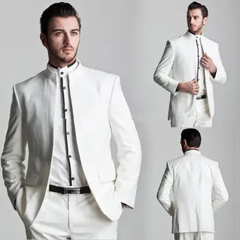 Yeni Stil Beyaz Damat Smokin Mandarin Yaka Groomsmen Erkekler Düğün damat giyim Takım Elbise/özel takım elbise (Ceket+Pantolon)