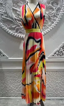 Uzun elbise 2023 İlkbahar Yaz Moda Stil Kadın V Yaka Zarif Baskılar Dantel Nakış Kolsuz Uzun Pilili Elbise Maxi