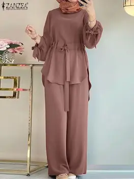 Sonbahar Kadın Müslüman Eşofman Moda Dantel Up Bluz ve Gömlek Zarif Eşleşen Setleri Rahat Pantolon Setleri ZANZEA Seramik Giyim