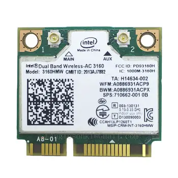Çift Bantlı Kablosuz - AC 3160 3160HMW 802.11 ac 433Mbps Wifi Bluetooth 4.0 Yarım Mini PCI-e Kart Intel SPS:710662-001 Hp Dell