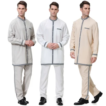 2 ADET Müslüman Erkekler Uzun Kollu Çin Yaka Renk eşleştirme Düğme Elbise Uzun Pantolon Arap Erkek Thobe Ramazan Bayram Giysileri