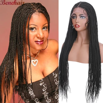Benehaır 28 inç Uzun Sentetik Örgülü Saç Orta Kısmı Kutusu Örgüler Peruk Siyah Kadınlar İçin Senegalli Büküm Peruk Dantel Afro Peruk