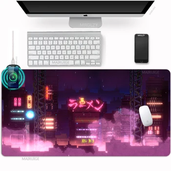 Pembe Japon Neon Kablosuz Şarj Mouse Pad Anime Mousepad Mat Halı XXL Büyük oyun aksesuarları Masa Paspaslar Şarj Masa Paspaslar