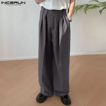 Moda Erkek Pantolon Katı Düğme Gevşek Cepler Rahat Geniş Bacak Pantolon Erkekler Streetwear 2023 Kore Tarzı uzun pantolon S-5XL INCERUN