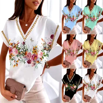 Yeni Yaz Moda Renkleri Seksi Düğme Kadın Ruffles Gevşek Vintage Moda Rahat T Shirt Gömlek Tees Tops