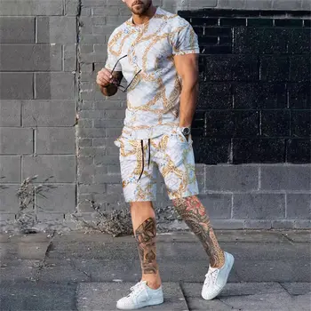 Yaz Yeni 3d erkek Tam Vücut baskılı tişört Seti Rahat Moda Lüks Stil Tam Set Elbise Sokak Giyim İpli Şort