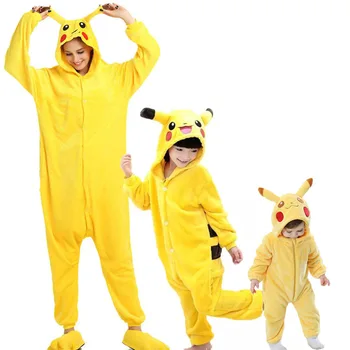 Aile Kigurumi Pijama Sarı Pikachu Pokemon Onesies Cosplay Kostüm Pijama Bebekler Çocuklar ve Yetişkinler İçin