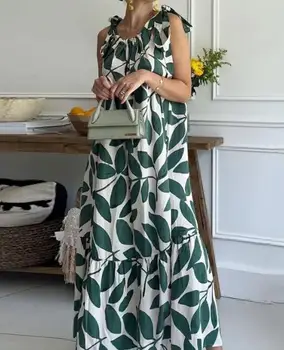 Rahat kadın Elbise Sling Tarzı A-Line Etek Yuvarlak Boyun Yüksek Bel Kazak Yaz Kolsuz Baskılı Gevşek Uydurma Elbise