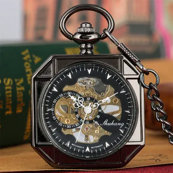 Antika Siyah Mekanik El Rüzgar cep saati Şeffaf Cam El Kare Kolye Manuel Mekanizması Cep Saati Retro Hediye