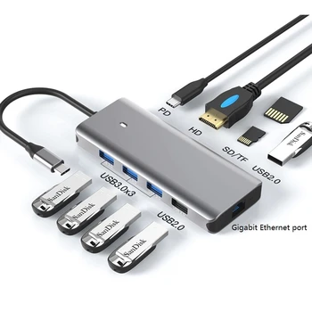10 in 1 Tip-C yerleştirme istasyonu HD2. 0 HD 4K / 60Hz Gigabit Ethernet bağlantı noktası USB 3.0 uzatma Hub Splitter