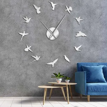 Hummingbird Büyük Tasarımcı duvar saati Sessiz Süpürme Doğa Hayvanlar Fly Dıy Duvar Saati Odası Ev Dekor Akrilik Saat Kuş Severler Hediye