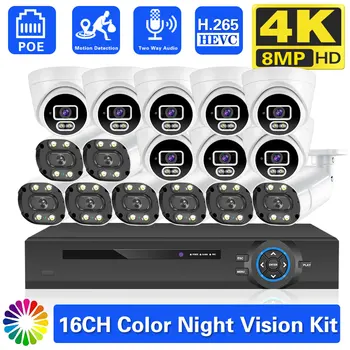 16CH POE NVR 4K 8MP Geniş Açı CCTV Güvenlik Kamera Sistemi 8MP Renkli Gece Görüş İki Yönlü Ses Kamera Video gözetleme seti