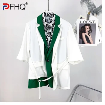 PFHQ Sonbahar erkek Yakışıklı Eklenmiş Renk Kontrast Blazer Sahte İki Adet Kısa Kollu Çift Boyun Niş Tasarım Takım Elbise Ceket 21Z1364