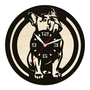 Fransız Bulldog Köpek Çevre Dostu Doğal Duvar Sanatı Ahşap Saat Pet Shop İçin Fransız Köpek Cins Köpek Sanat Sessiz duvar saati